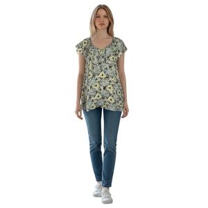 Rebecca Taylor‎ Silk Blouse Size 4 Ikat Print Flutter Sleeve Ruffle V Neck Top